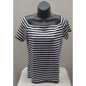 Lily Coco Navy Blue Stripe Square Neck Short Sleeve Cotton Womens Size M Top A3